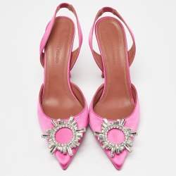 Pre Owned Amina Muaddi Pink Satin Begum Slingback Pumps Size 37.5