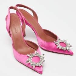 Pre Owned Amina Muaddi Pink Satin Begum Slingback Pumps Size 37.5