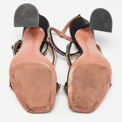 Pre Owned Amina Muaddi Black Satin Gilda Ankle Strap Sandals Size 35