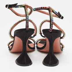 Pre Owned Amina Muaddi Black Satin Gilda Ankle Strap Sandals Size 35