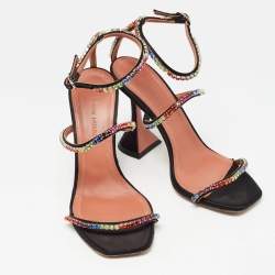 Pre Owned Amina Muaddi Black Satin Gilda Ankle Strap Sandals Size 35