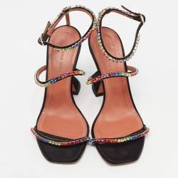 Pre Owned Amina Muaddi Black Satin Gilda Ankle Strap Sandals Size 35