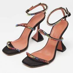 Pre Owned Amina Muaddi Black Satin Gilda Ankle Strap Sandals Size 35