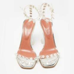 Pre Owned Amina Muaddi Transparent  PVC Julia Crystal Embellished Ankle Strap Sandals Size 35