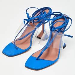 Amina Muaddi Blue Snakeskin Embossed Leather and PVC Zula Sandals Size 40