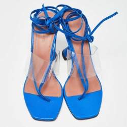 Amina Muaddi Blue Snakeskin Embossed Leather and PVC Zula Sandals Size 40