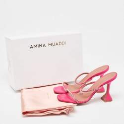 Pre Owned Amina Muaddi Pink Satin Crystal Embellished Gilda Sandals Size 39.5