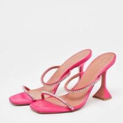 Pre Owned Amina Muaddi Pink Satin Crystal Embellished Gilda Sandals Size 39.5