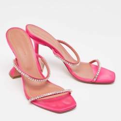 Pre Owned Amina Muaddi Pink Satin Crystal Embellished Gilda Sandals Size 39.5