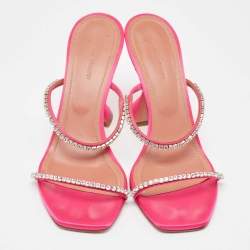 Pre Owned Amina Muaddi Pink Satin Crystal Embellished Gilda Sandals Size 39.5