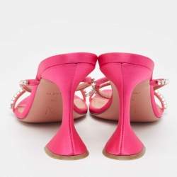 Pre Owned Amina Muaddi Pink Satin Crystal Embellished Gilda Sandals Size 39.5