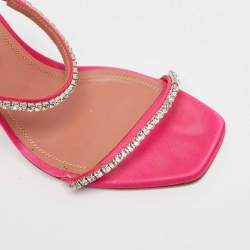 Pre Owned Amina Muaddi Pink Satin Crystal Embellished Gilda Sandals Size 39.5