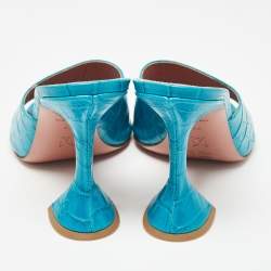 Pre Owned Amina Muaddi Teal Blue Croc Embossed Leather Lupita Slide Sandals Size 39.5