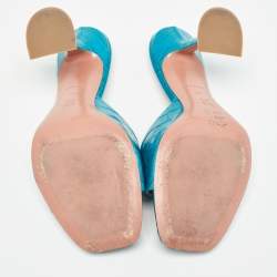 Pre Owned Amina Muaddi Teal Blue Croc Embossed Leather Lupita Slide Sandals Size 39.5