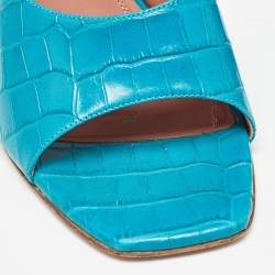 Pre Owned Amina Muaddi Teal Blue Croc Embossed Leather Lupita Slide Sandals Size 39.5