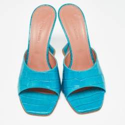 Pre Owned Amina Muaddi Teal Blue Croc Embossed Leather Lupita Slide Sandals Size 39.5