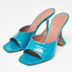Pre Owned Amina Muaddi Teal Blue Croc Embossed Leather Lupita Slide Sandals Size 39.5