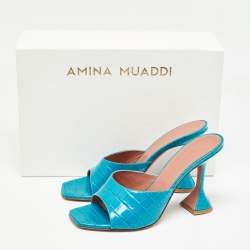 Pre Owned Amina Muaddi Teal Blue Croc Embossed Leather Lupita Slide Sandals Size 39.5