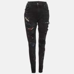 Pre Owned Amiri Black Paint Denim Distressed Jeans L/Waist 32"