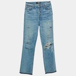 Pre Owned Amiri Blue Ripped Denim Rhinestone Jeans S/Waist 26"