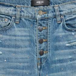 Pre Owned Amiri Blue Ripped Denim Rhinestone Jeans S/Waist 26"