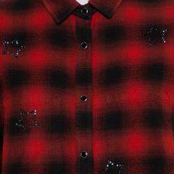 Amiri Red & Black Plaided Flannel Crystal Star Embellished Frayed Hem Shirt S