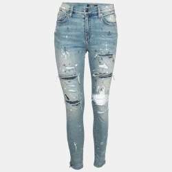 Amiri Blue Distressed Denim Crystal Embellished Inset Detail Skinny Jeans M