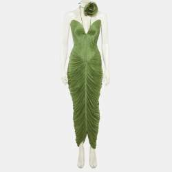 مملوكة مسبقًا فستان أنا رادو حرير أخضر مزين بورود مُطَّوَى بدون حمالات صغير