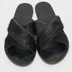Ancient Greek Sandals Black Calf Hair Crisscross Flat Slides Size 40