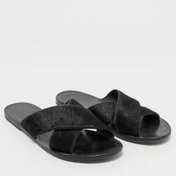 Ancient Greek Sandals Black Calf Hair Crisscross Flat Slides Size 40