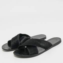 Ancient Greek Sandals Black Calf Hair Crisscross Flat Slides Size 40