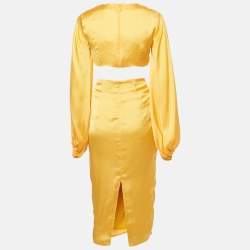Pre Owned Andrea Iyamah Yellow Satin Draped Behati Crop Top and Skirt Set XS
