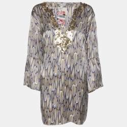 Pre Owned Anna Scholz Multicolor Satin Sequin Embellishment Wide Sleeve V Neck Tunic XL