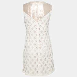 Pre Owned Anna Sui Cream Crochet Cotton Lace Overlay Embellished Sleeveless Shift Dress S