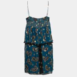 Pre Owned Anna Sui Teal Blue Paisley Print Chiffon Lurex Insert Strappy Dress M