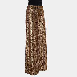 Anna Sui Gold Knitted Geometric Design High Waist Wide Leg Trouser M