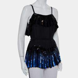 Anna Sui Black Sequin Embellished Silk Pleated Detail Belted Top S