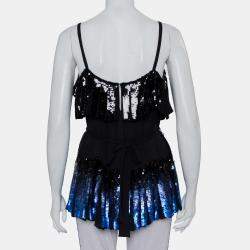 Anna Sui Black Sequin Embellished Silk Pleated Detail Belted Top S