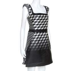 Antonio Berardi Monochrome Geometric Patterned Jacquard Silk Mini Dress M
