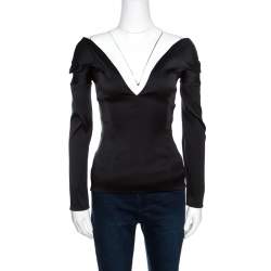 Antonio Berardi Black Satin Off Shoulder Plunge Neck Top S