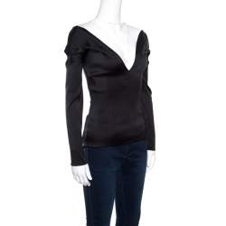 Antonio Berardi Black Satin Off Shoulder Plunge Neck Top S