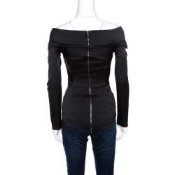Antonio Berardi Black Satin Off Shoulder Plunge Neck Top S