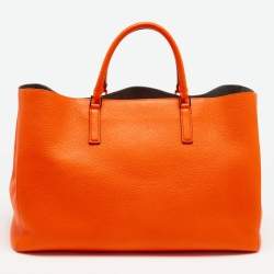 Pre Owned Anya Hindmarch Neon Orange Leather Featherweight Smiley Ebury Tote