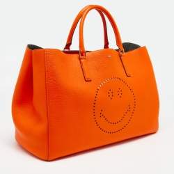 Pre Owned Anya Hindmarch Neon Orange Leather Featherweight Smiley Ebury Tote