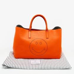 Pre Owned Anya Hindmarch Neon Orange Leather Featherweight Smiley Ebury Tote