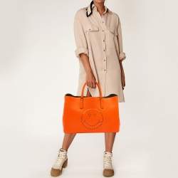 Pre Owned Anya Hindmarch Neon Orange Leather Featherweight Smiley Ebury Tote