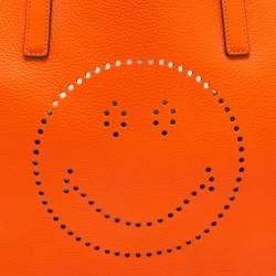 Pre Owned Anya Hindmarch Neon Orange Leather Featherweight Smiley Ebury Tote