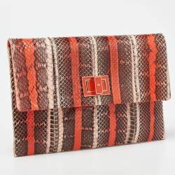 Pre Owned Anya Hindmarch Orange Snakeskin Flap Pouch