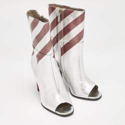 Anya Hindmarch Silver/Burgundy Stripe Leather Peep Toe Ankle Boots Size 37