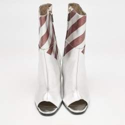 Anya Hindmarch Silver/Burgundy Stripe Leather Peep Toe Ankle Boots Size 37